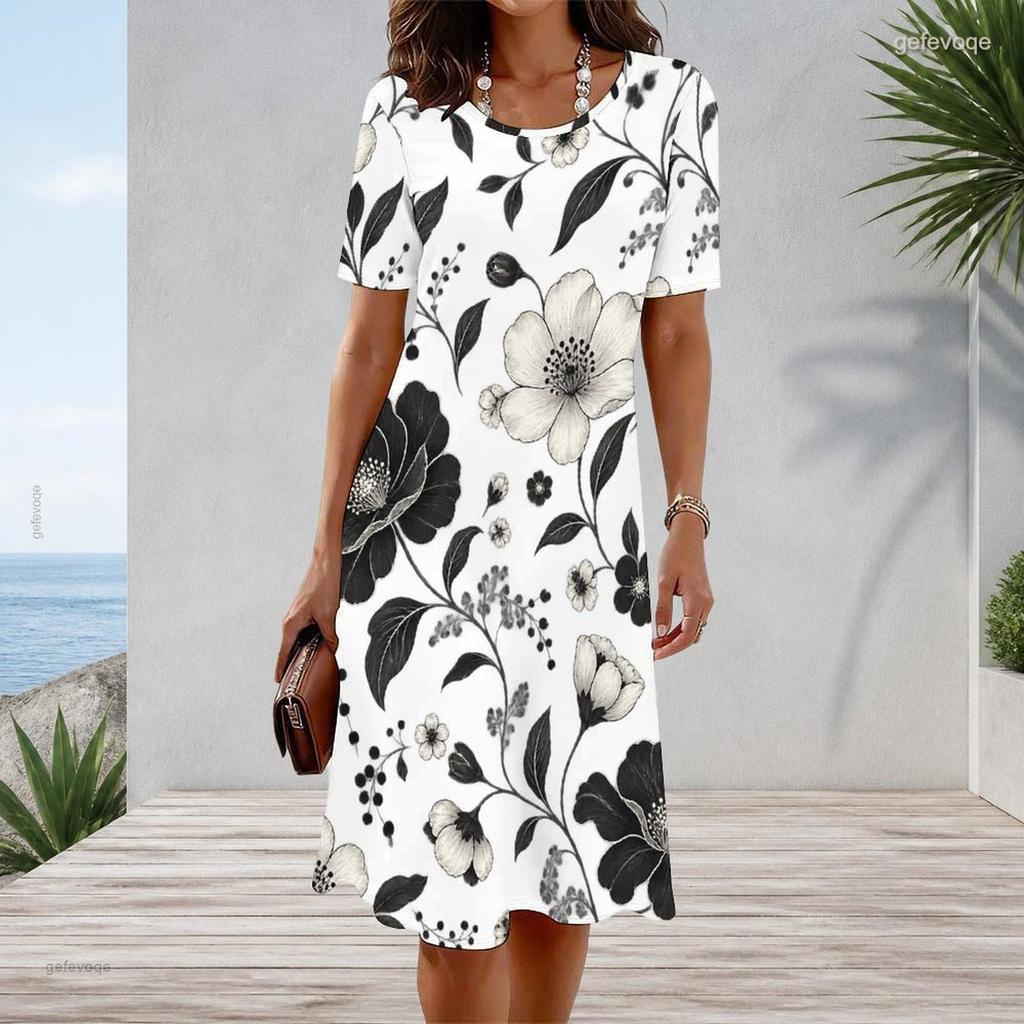 Women Plus Size Round Neck Short Sleeve White Hot Pink Printed A Line Dress