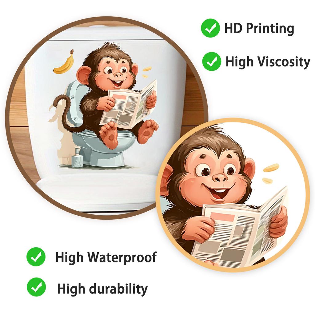 Creative Cartoon Monkey Reading Newspaper Toilet Lid Sticker Self-Adhesive Removable for Bathroom Home Decor