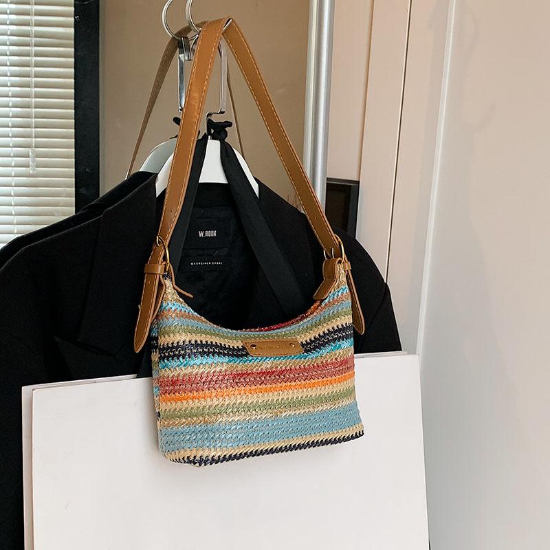 

Соломенная пляжная сумка в красочную полоску, тканая сумка для подмышек, повседневная сумка через плечо с регулируемым ремешком, праздничная дорожная сумка для женщин светло-коричневого