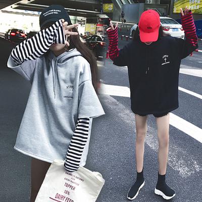 Autumn Thin Loose Hooded Long-sleeved T-shirt Sweatshirt for Women Harajuku Stitched Fake Two-piece Tops Versatile Students