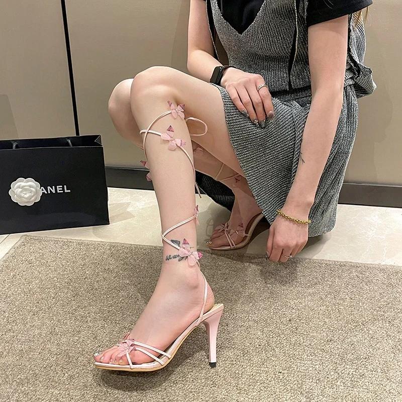 Pink Heel Sandals Woman 2024 Butterfly Decoration Zapatos De Mujer High Heels for Womens Shoes Round Toe Sandal Dresses Slides