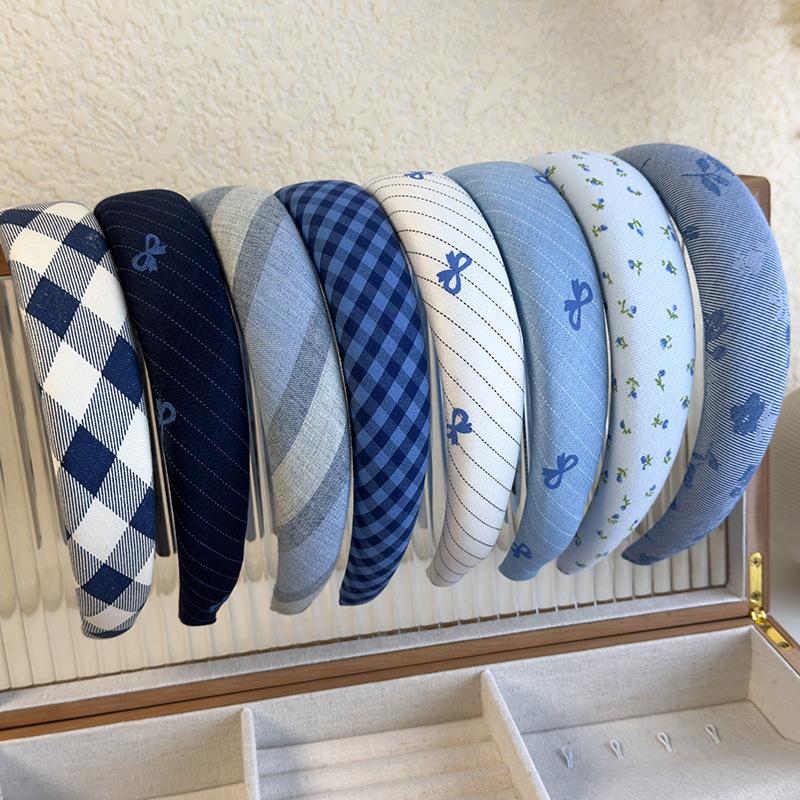 Blue Checkered Bow Sponge Hairband for Girls High Headband with High Head Top New Wide Edge Headband
