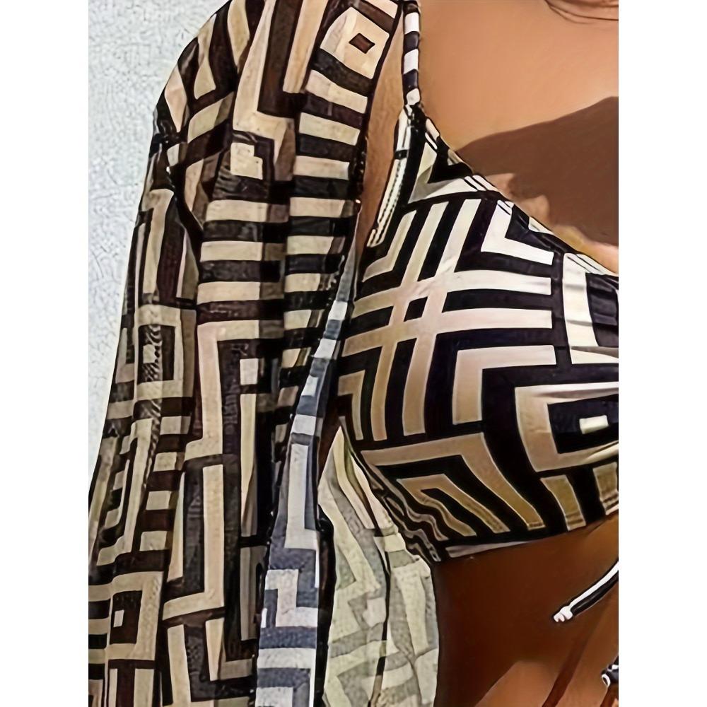 Women's Geometric Print Three-Piece Swimsuit Set with Long Sleeve Beach Cover-Up, Polyester Knit Fabric with Elastane, Medium Stretch, Chic Bikini Set