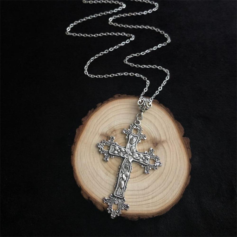 Gothic Victoria Silver Color Lacework Relief Flowers Large Cross Pendant Necklace for Men Women Halloween Punk Jewelry Accessory