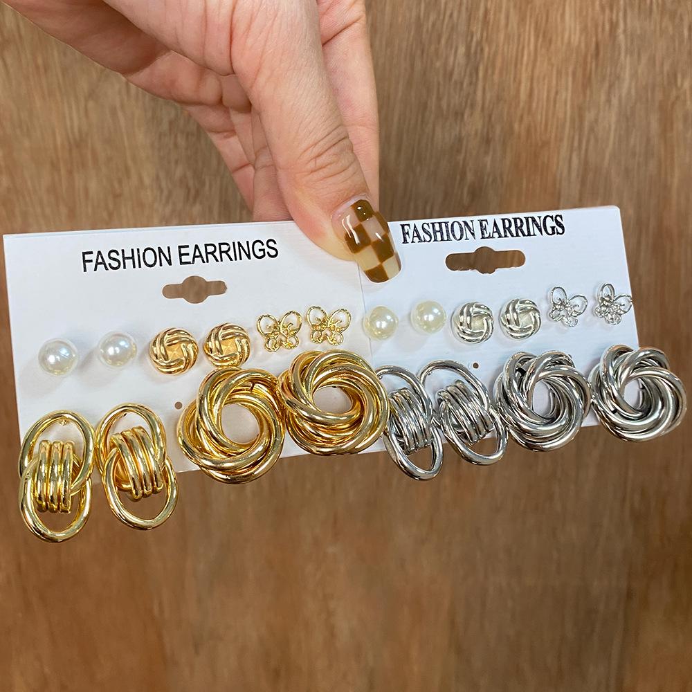 Inlagda pärlörhängen för kvinnor: Kreativ Fransk Retro Guldringar Set (6 stycken)