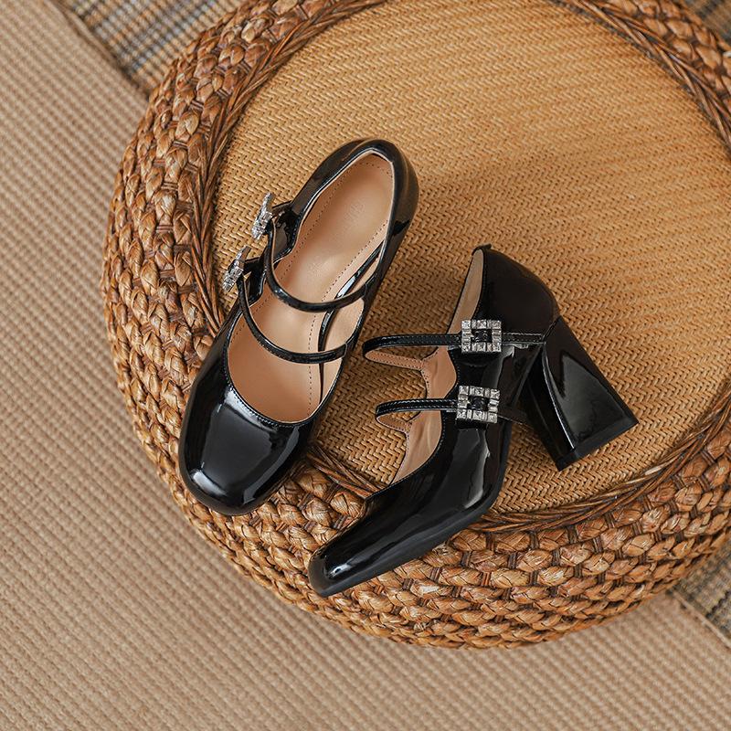 2025 early spring new shoes black JK college style with skirt square diamond high heels 8cm not tired feet thick heel single shoes