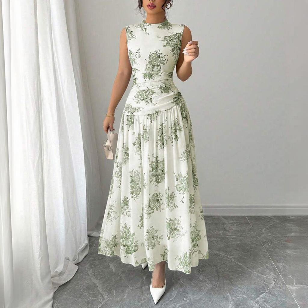 Ärmelloses Damen-Midikleid mit Blumendruck, Rundhalsausschnitt und gefalteter Taille, Elegantes lässiges Sommerkleid für den täglichen Gebrauch