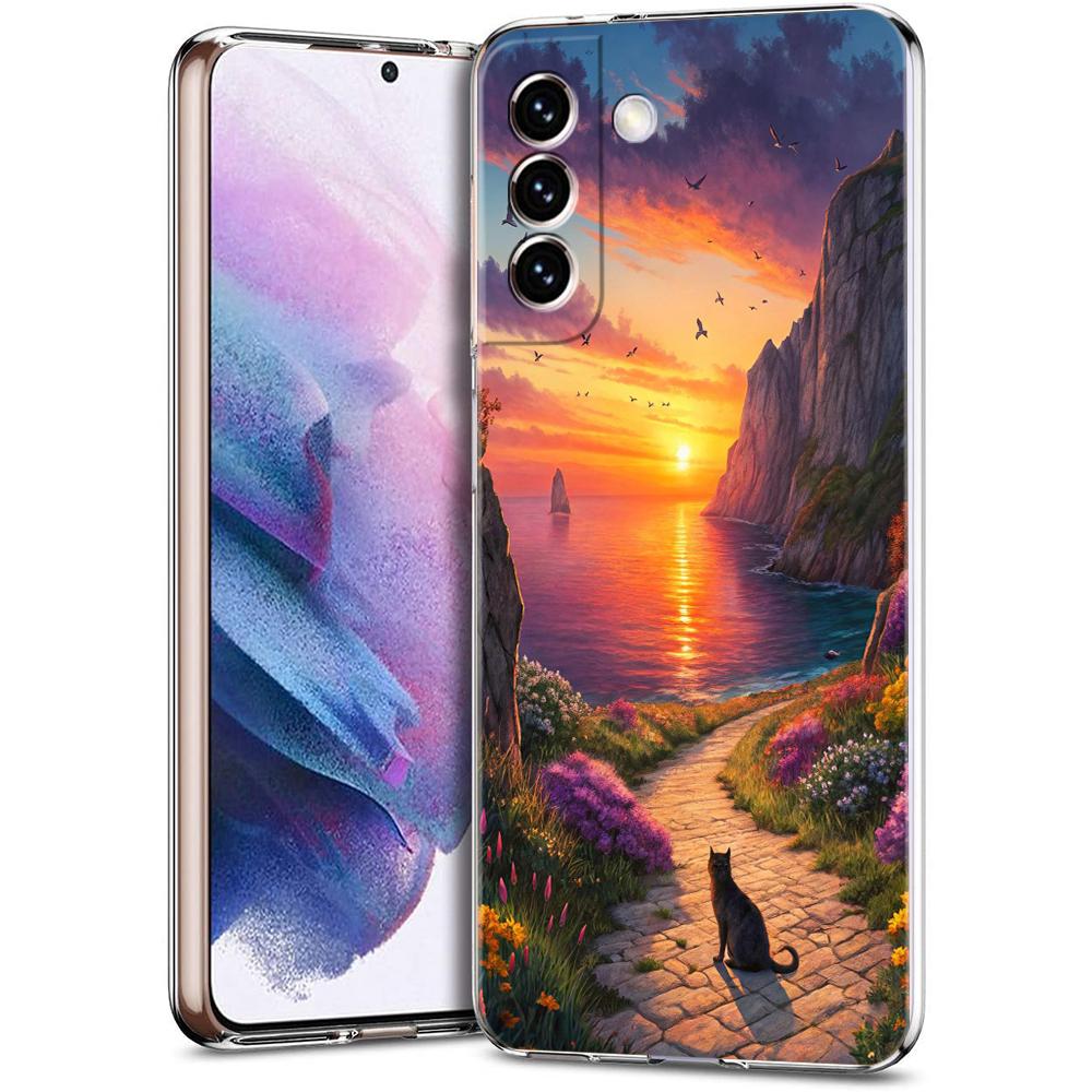 Transparent Phone Case Cover for Samsung Galaxy S25 S24 S23 S22 S20 S21 FE Ultra S24 S23 S10 S10E Plus Funny Sunset Cat Pattern