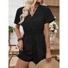 Women's V Neck Short Sleeve Faux Denim Romper Cinched Waist Jumpsuits Casual One Piece Outfits