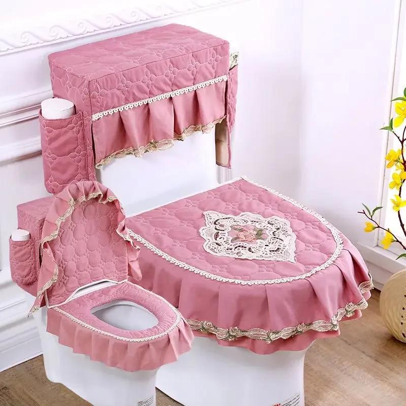 Lace 3D Embroidered Toilet Three Piece Set U-shaped Zipper Closestool Cover with Storage Bag Feather Wave Edge Dust Cushion