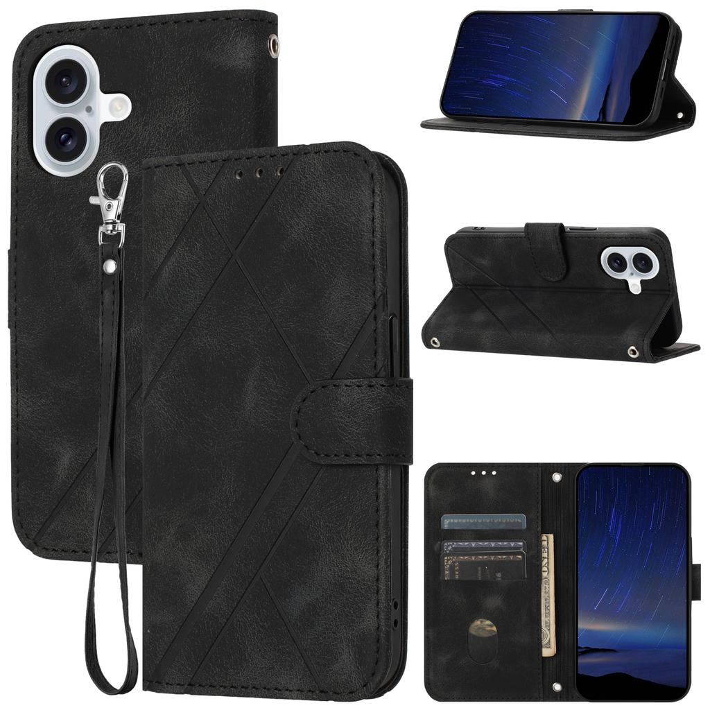 For iPhone 17 Case Imprinted Line Leather Phone Cover with Handy Strap