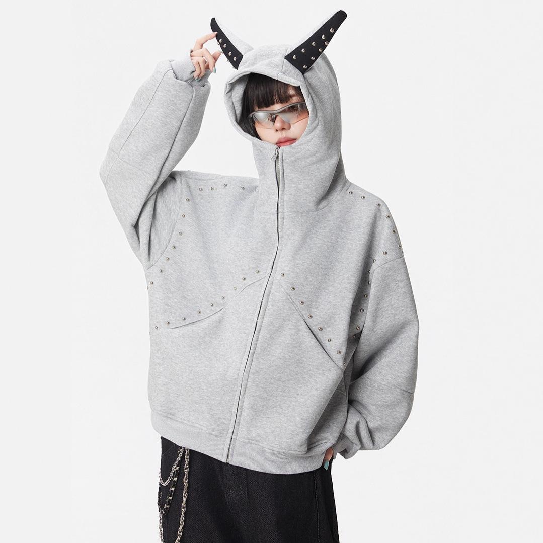 

Sweet and cool hooded gray sweater autumn zipper cardigan jacket new Dubiner trend warm 3 сірий колір