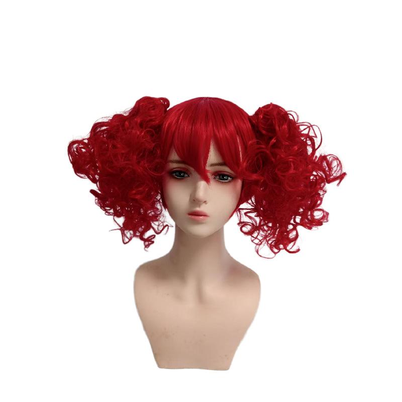 Maid Dress Blue And White Ruffled Bow Long Lolita Dress Red Double Ponytail Curly Wig Cosplay Halloween-themed Party Costume