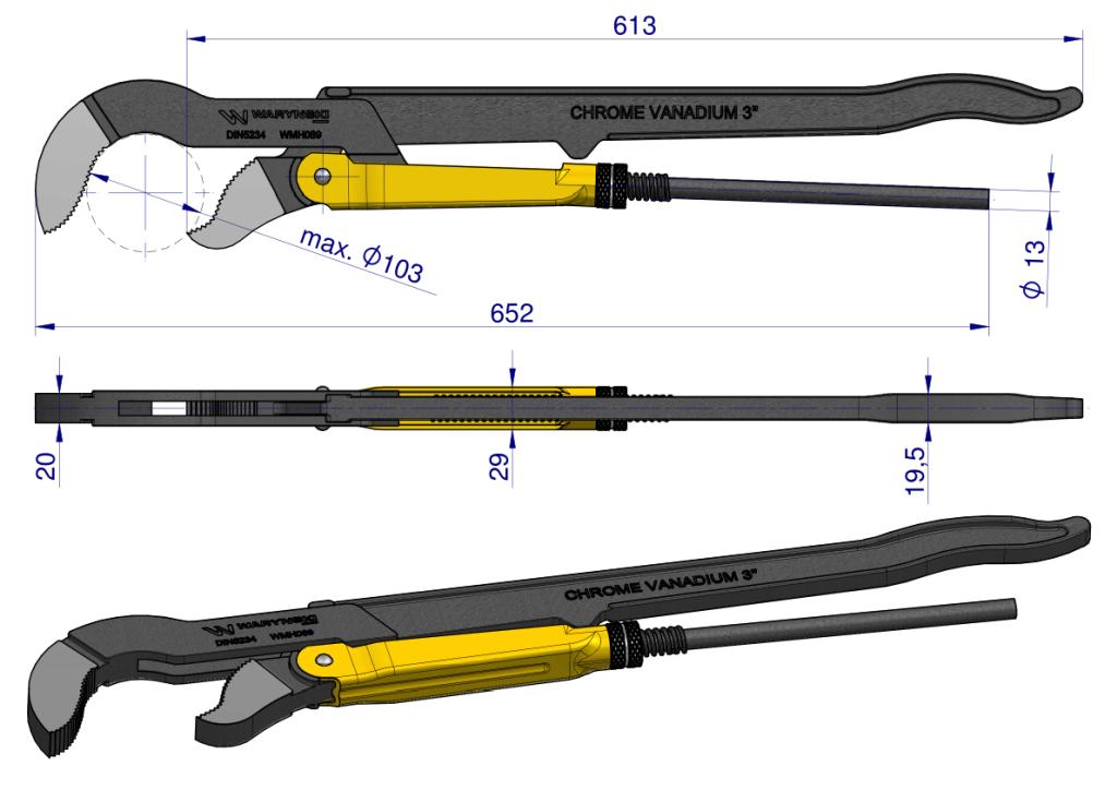 Swedish adjustable pipe pliers, jaw type , max. opening 103mm, length 652mm Waryński