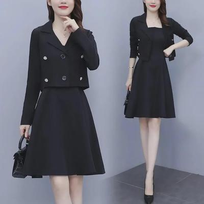 Women's Spring & Autumn Two-Piece Suit: Stylish, Large Size, Slim Fit Dress with Small Blazer and Suspender Skirt.