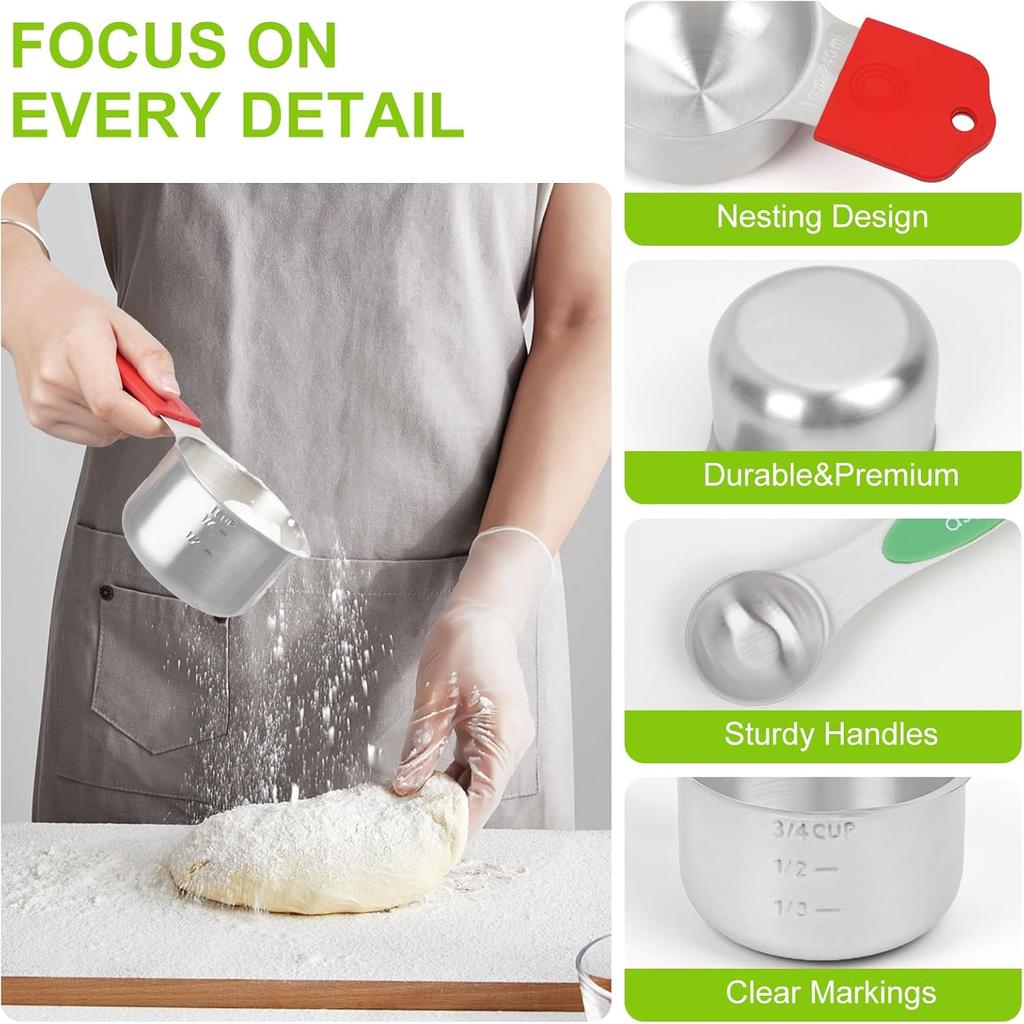 Magnetic Measuring Cups and Spoons Set, Stainless Steel 16 Piece Set, Kitchen Gadgets for Cooking & Baking, Including 8 Measuring Cups + 7 Double