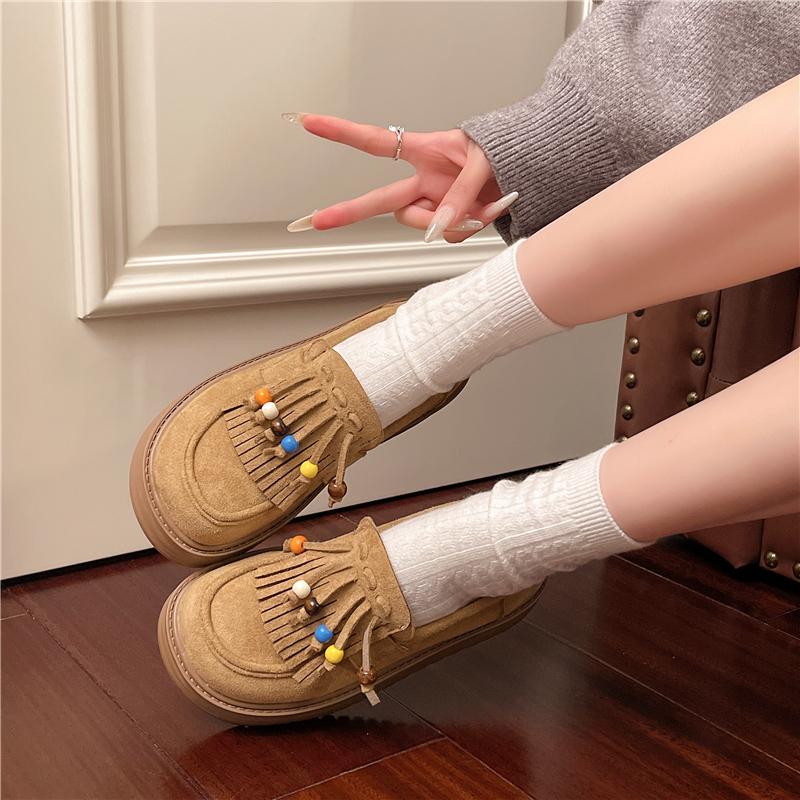 Fashion Loafers Autumn New Round Toe Deep Mouth Suede Tassel Slip-on Platform Non-Slip Wear-Resistant Single Shoes