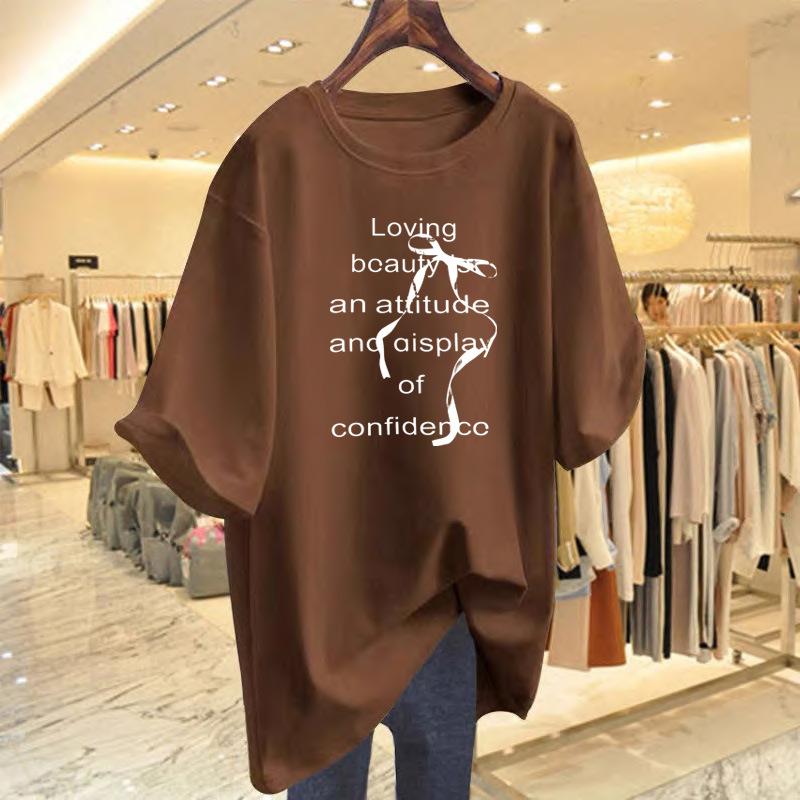 

Pure cotton loose casual round neck bow letter printing short-sleeved t-shirt women s age reduction versatile and thin top XXXL