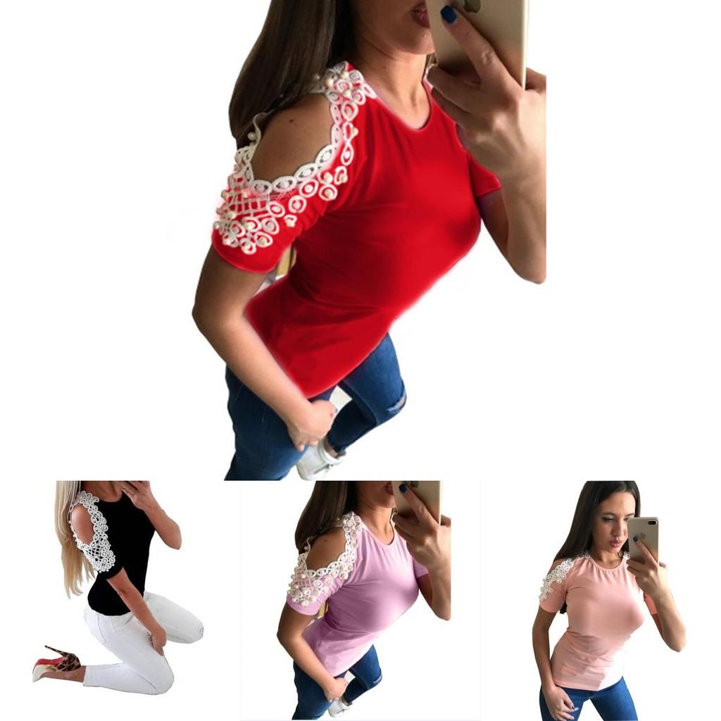 Trendy Women Short Sleeve Off Shoulder Lace Splice Blouse With Comfortable Fit