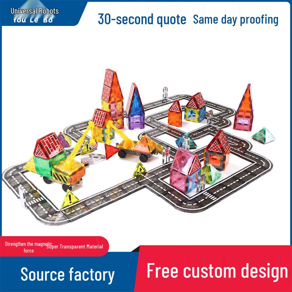 Yuelebo Magnetic Building Blocks: City Traffic & Architecture Set with Crane and Stained Glass Tiles