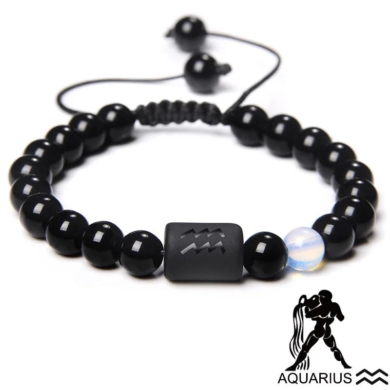 12 Constellation Zodiac Signs Bracelet Black Onyx Beads Cancer Leo Onyx Braided Bracelet for Women Men Couples Jewelry Gift