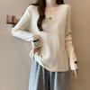 Women's Plus Size Ribbed V-Neck Long Sleeve T-shirt - Slimming, Loose Fit, Thickened for Warmth, Ideal for Autumn and Winter.
