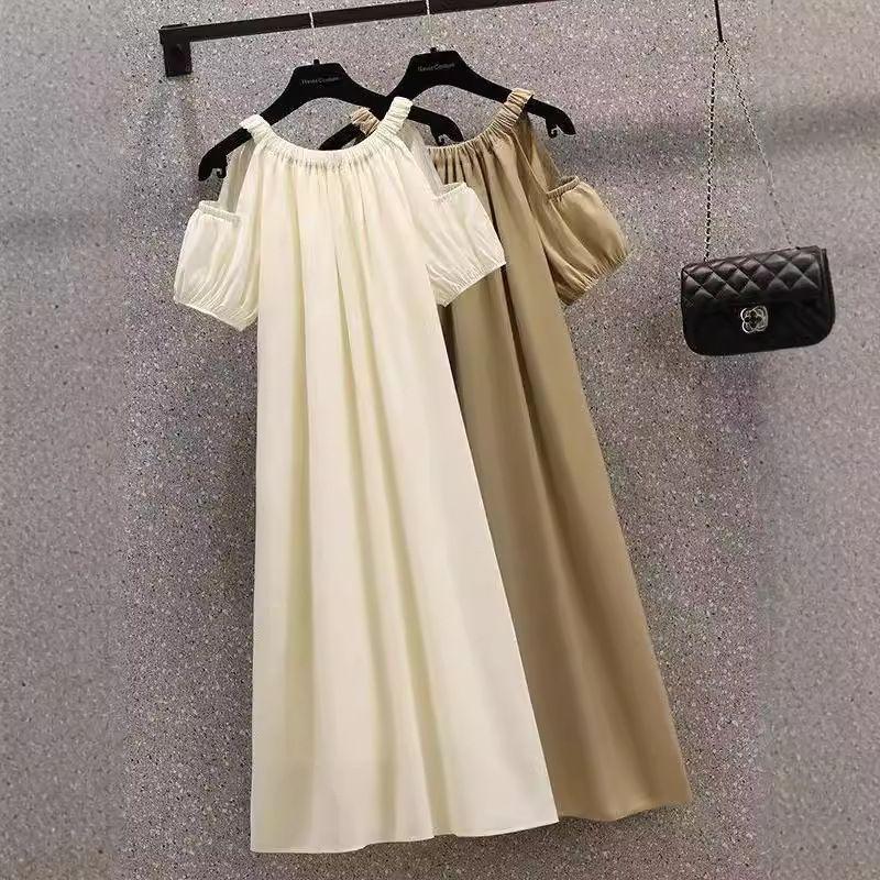 Korean Style Plus Size Off-Shoulder Summer Midi Dress - French Sweet, Loose Fit, Cover Belly Design for Women