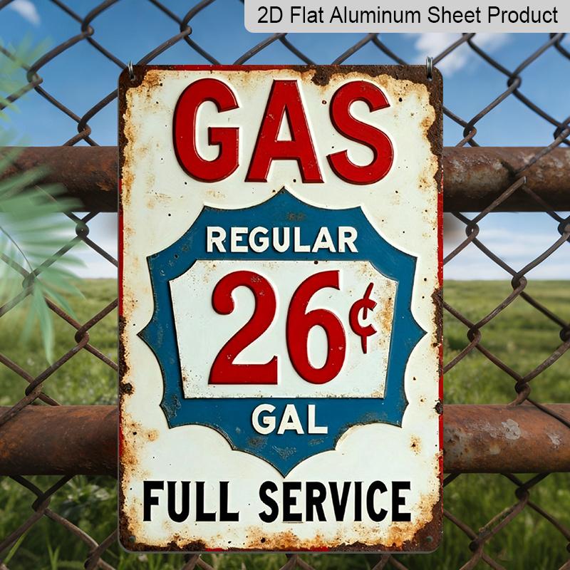 

2D Flat 1pc Vintage Gas Station Aluminum Sign GAS REGULAR 26 GAL FULL SERVICE - Distressed Retro Wall Art for Garage, for Man Cave, Diner 20*30cm