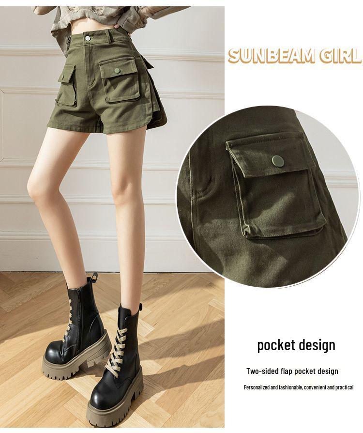 2026 Summer American Retro High Waist Wide Leg Cargo Denim Shorts for Women