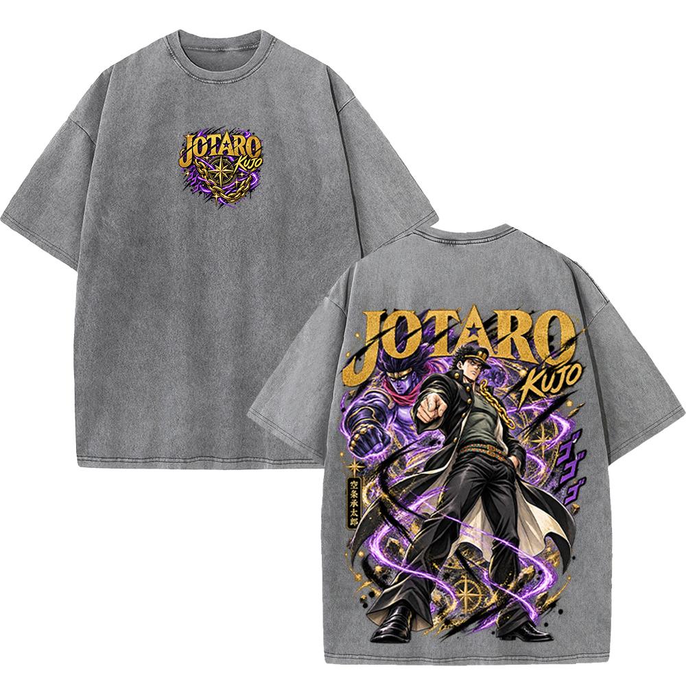 JoJo's Bizarre Adventure Jotaro Kujo Anime T-shirt Men Clothing Vintage Washed Oversized T Shirt Short Sleeve Cotton Tees Tops