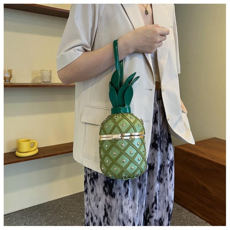 Nuova Borsa a Tracolla da Donna Personalizzata a Forma di Ananas Piccola Fresca per Ragazza Adolescente Singola Spalla Stile Straniero Intrecciata con Borchie e Catena Chiusura Borsa Rotonda