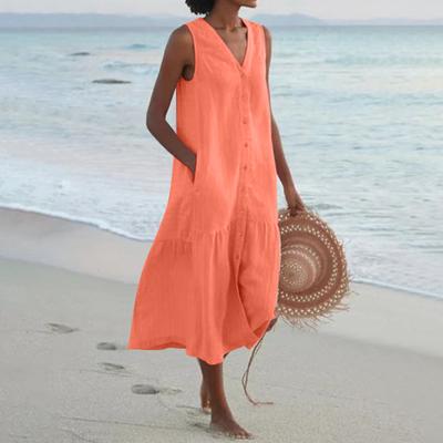 Sommar Bomull Linne Lös Avslappnad Patchwork Pockets Klänning V-ringad Strandklänning Ärmlös Vintage Enfärgad Damklänning