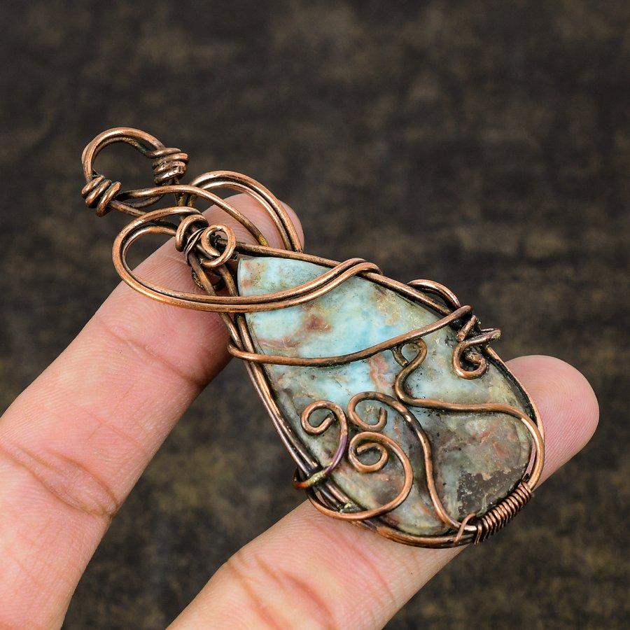 Caribbean Larimar Handmade Copper Wire Wrap Jewelry Pendant 1.89" t1a92