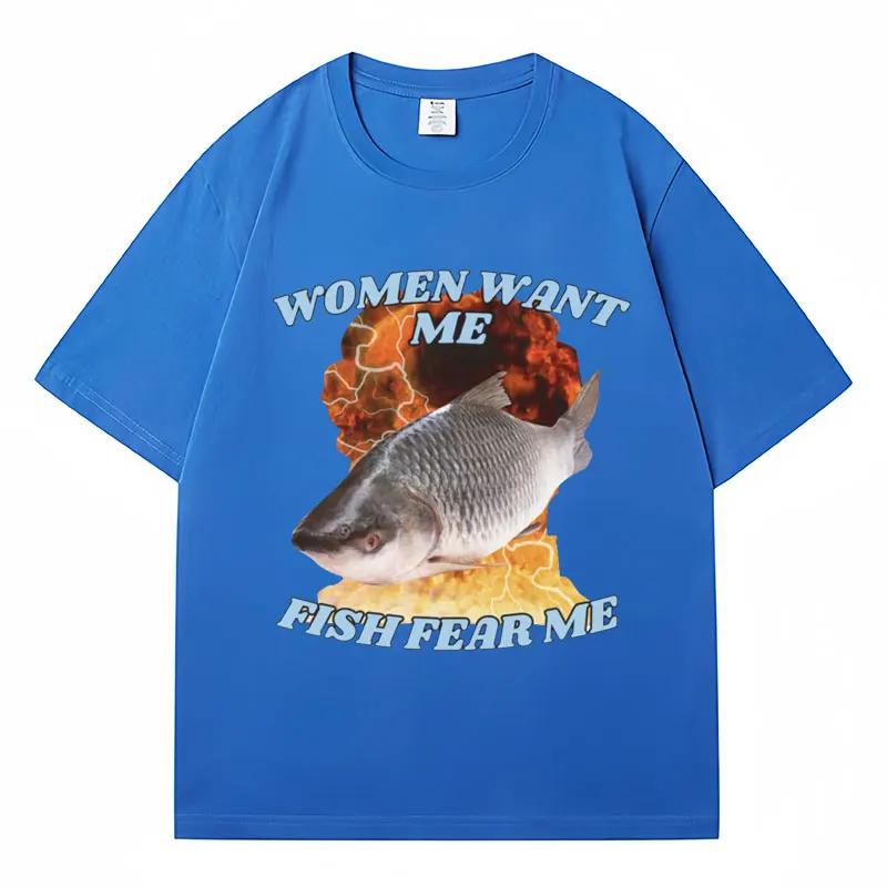 Vintage Lustig Frauen wollen mich Fische fürchten mich Meme Grafik T-Shirt Mode Harajuku Angeln T-Shirts Männer Frauen Baumwolle Sommer T-Shirts