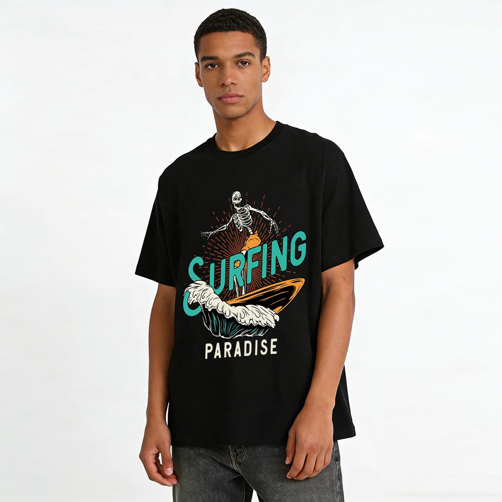 Skeleton Surfing Print Casual T-Shirt Summer Beach Trendy Top Pure cotton T-shirt