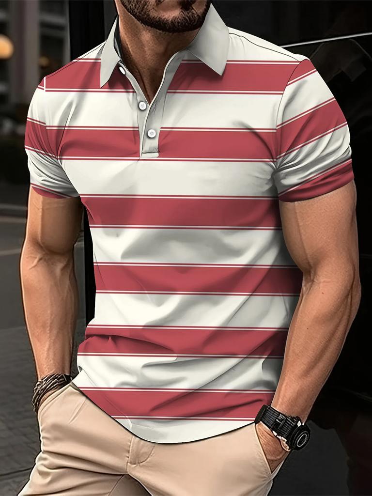 Men's Summer Short Clothes Sleeved Lapel 3D Digital Printed Striped Polo Shirt Men's Fashion Business Casual Top Clothes