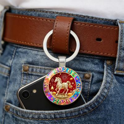 2026 Horse Pattern Keychain 2D Flat Round Metal Pendant for Car Keys Bag Decoration Shin Gift for Equestrian Enthusiasts