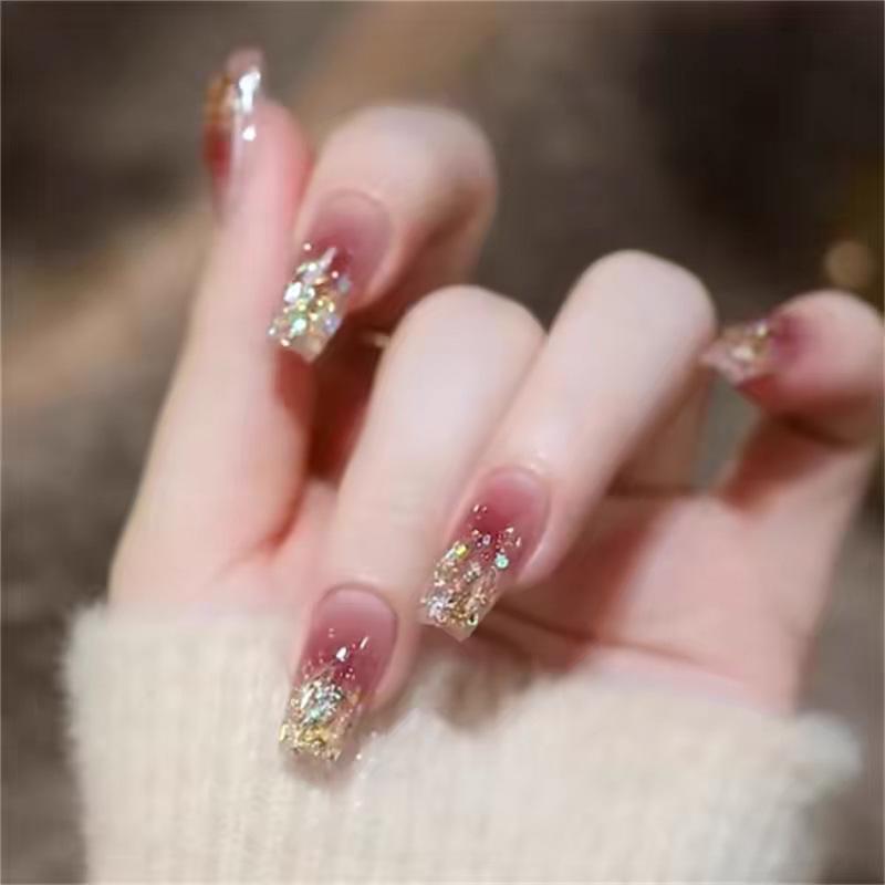 Ice Clear Gradient Blush Glitter Rhinestone Press-On Long Nails - Finished Nail Art Stickers