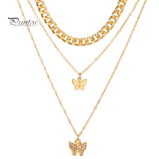 Women Layered Necklace 3-Layered Butterfly Necklace, Rhinestone Pendant Chunky Chain Charm Choker, Dainty Jewelry Gift for Her