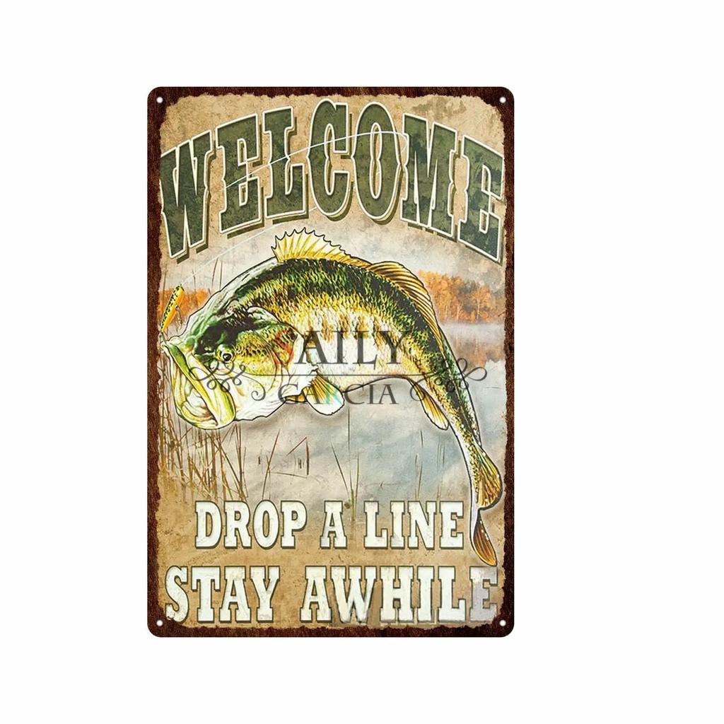 Vintage Fishing Metal Tin Sign  Relax and Fish Wall Art  Modern Pub Bar Decor  Animal Fish Posters for Home Decor  Metal Tin Sig