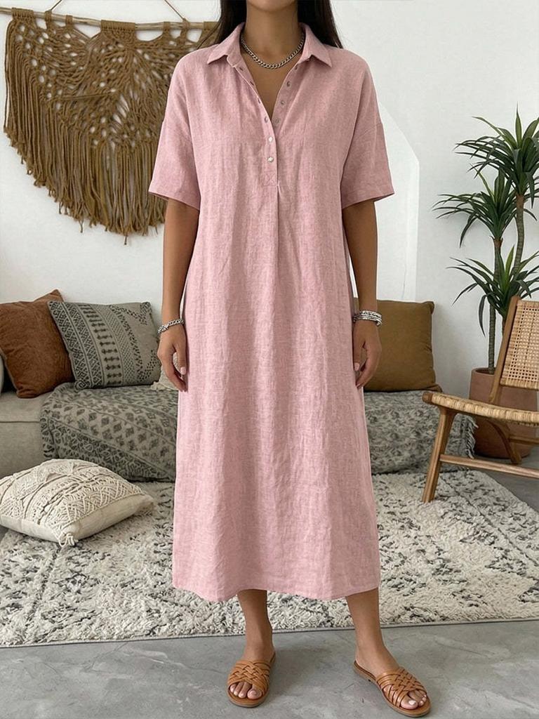 Women's Spring and Summer New Casual Straight Comfortable Polo Neck Linen Short Sleeve Dress