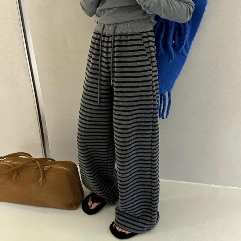 2025 Women's Retro Striped Korean-Style Wide-Leg Pants for Spring & Autumn