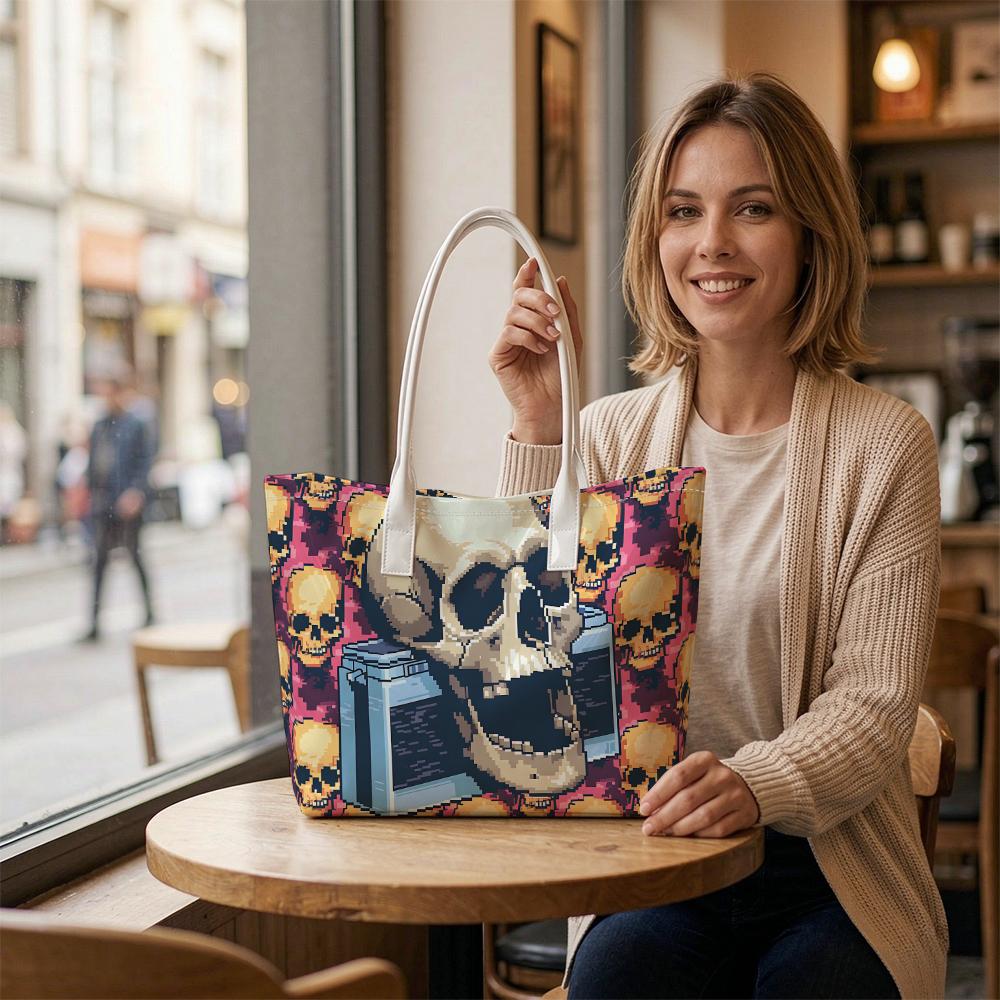 Pixel Skull Print Large Tote Bag Lightweight Casual Daily Top Handle Shoulder Bag for Streetwear