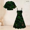 Women Plus Size Two Piece Dress Set Batwing Sleeve Cropped Shrug Strappy Floral Printed Black Flared Dress