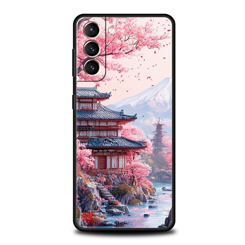 Phone Case for Samsung Galaxy S25 Edge S24 S23 S22 S20 S21 FE Ultra S10 Plus Soft TPU Japanese Style Temple And Cherry Blossoms