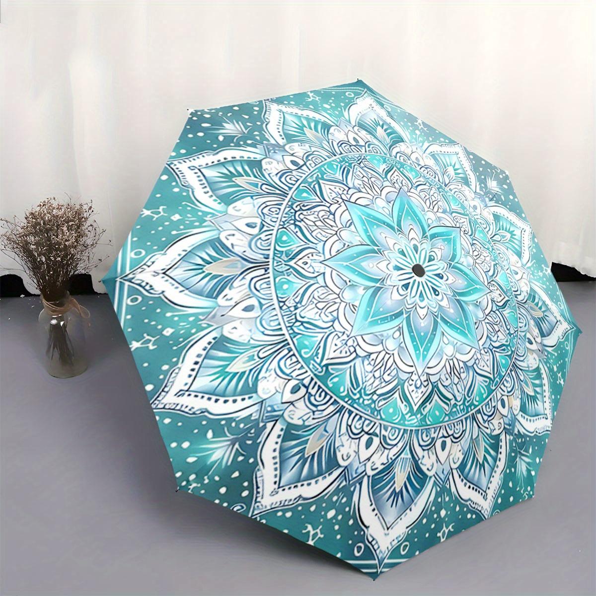 

Automatic Folding Umbrella with Intricate Teal and White Mandala Design - Portable Collapsible 8-Rib Umbrella for All Seasons,