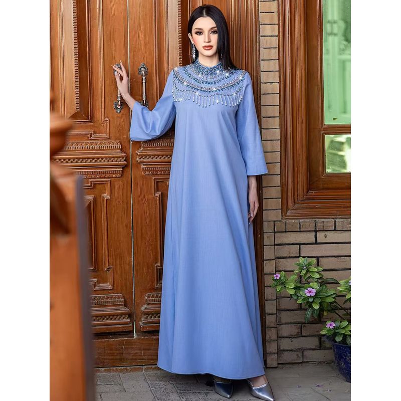 

New Middle East Fashion Half-high Collar Handmade Seam Drill Party Dress Hand Sewn Diamond Dress Light Blue S