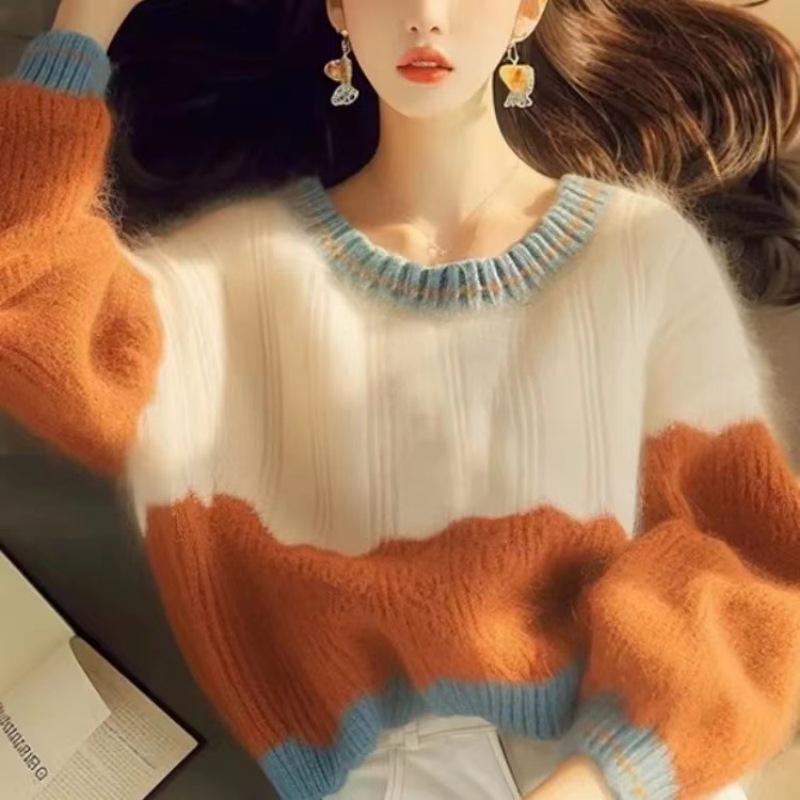 Women's 2025 Autumn/Winter Color-Block Loose Knit Sweater - Korean Lazy Style Long Sleeve