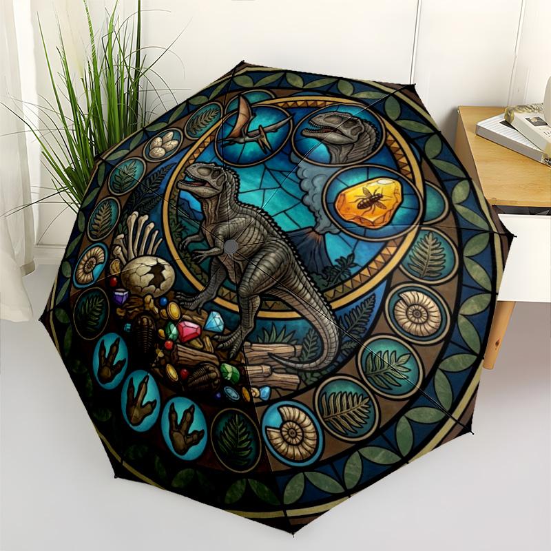 Dinosaur Glass Art Pattern Umbrella, Portable and Foldable Design, 8 Ribs, a Casual Accessory for Halloween, Christmas, and Birthday Gifts.