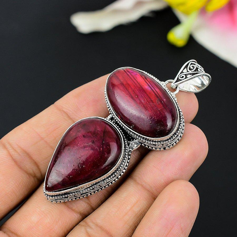 Red Labradorite Gemstone Handmade 925 Sterling Silver Jewelry Pendant 2.76" KG-156